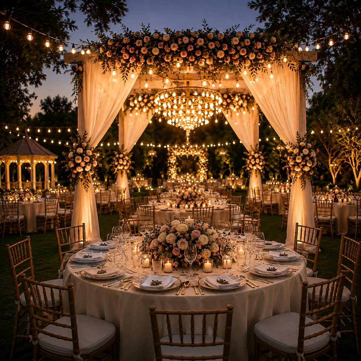 Evening outdoor wedding reception with floral canopy and dining setup by Alvi Events & Catering in Lahore
